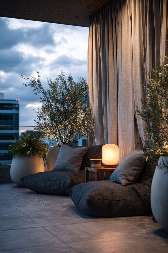 Moody balcony with outdoor curtains, floor cushions, warm table lamp, potted plants, and cozy evening ambiance.