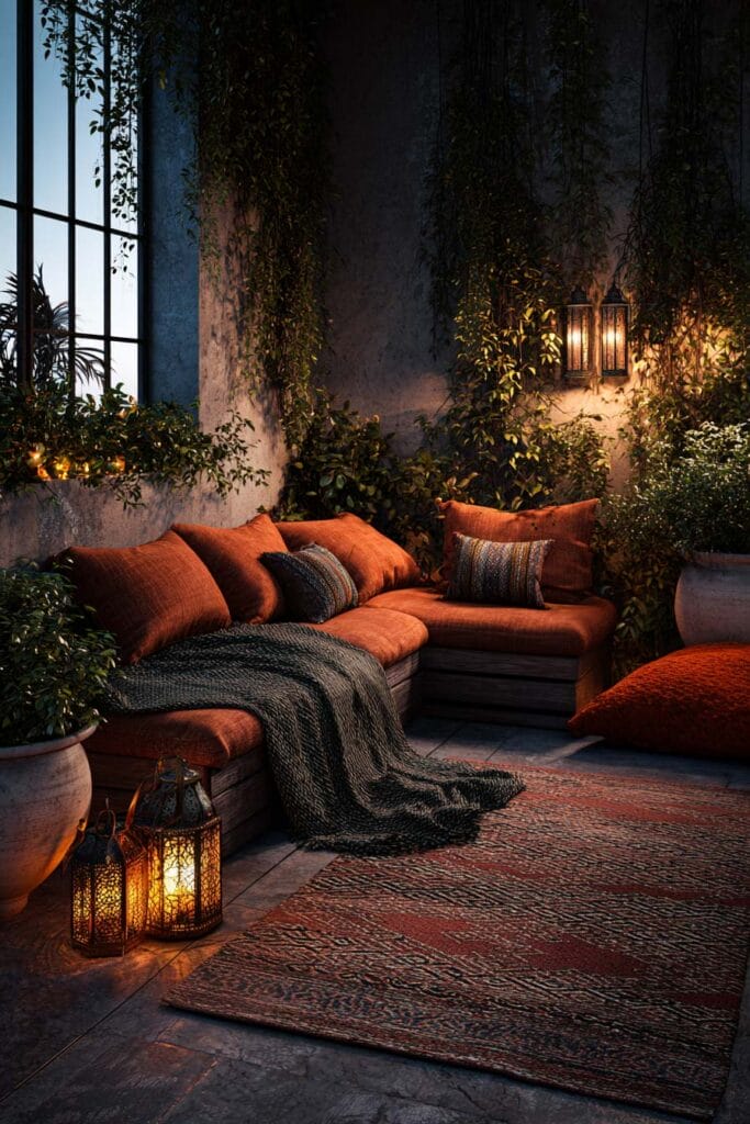 Moody boho balcony with rust cushions, lantern lighting, layered textiles, lush greenery, and cozy evening atmosphere.