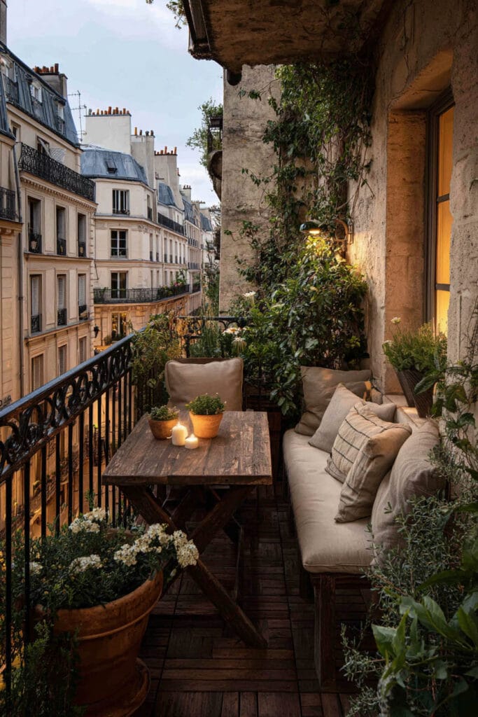 Paris balcony with weathered wood table, cushioned bench seating, climbing vines, candlelight, terracotta planters, and classic French city views