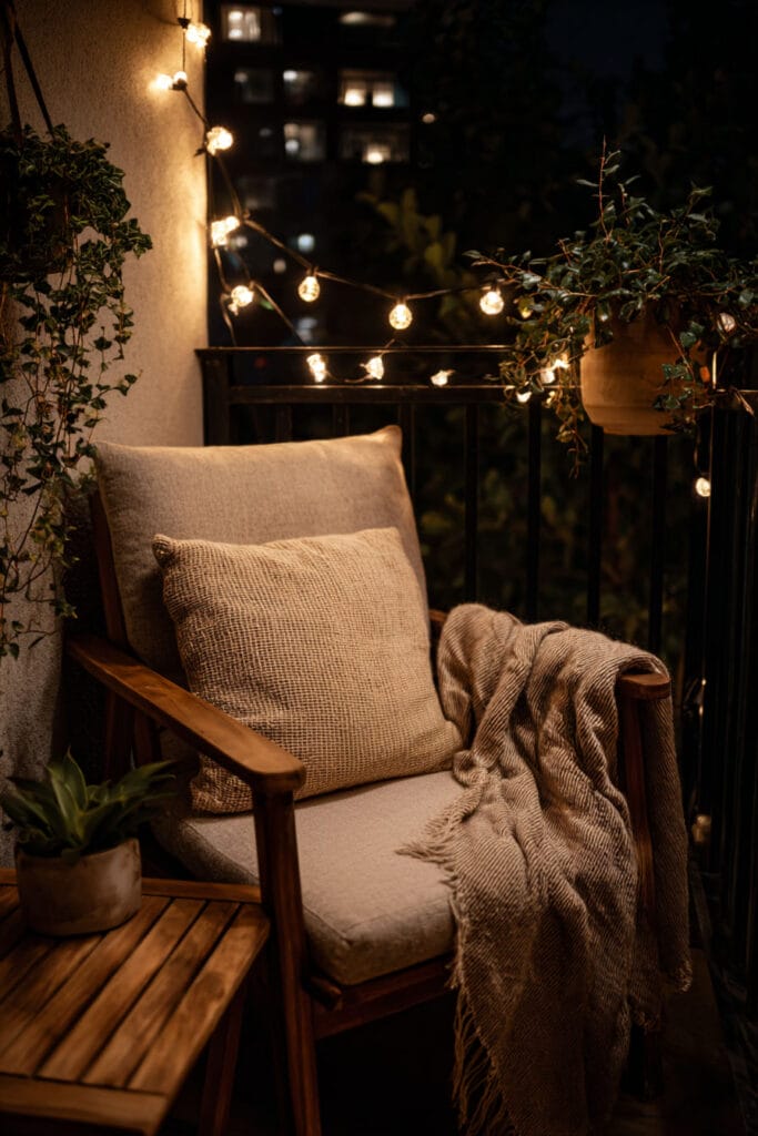 Small balcony with wooden lounge chair, neutral cushions, warm globe string lights, hanging plants, and cozy evening lighting.