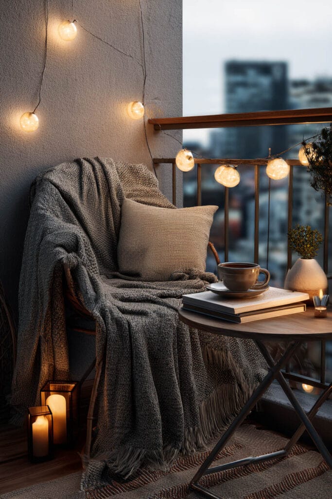 Small balcony reading nook with globe string lights, candle lanterns, cozy chair, throw blanket, tea cup, and warm evening lighting.