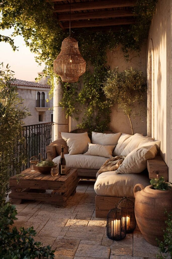 Small Mediterranean balcony with oversized linen cushions, rustic wood sectional, terracotta planters, woven pendant light, olive trees, candle lanterns, and cozy outdoor lounge area.