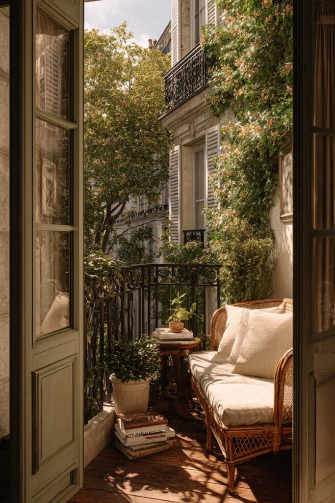 French balcony with wicker loveseat, linen cushions, stacked books, climbing greenery, wrought iron railing, and timeless Parisian decor.