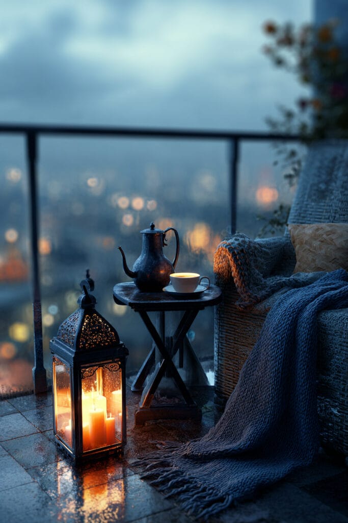 Cozy balcony tea station with lantern candlelight, teacup, blanket, rainy evening view, and warm outdoor ambiance.