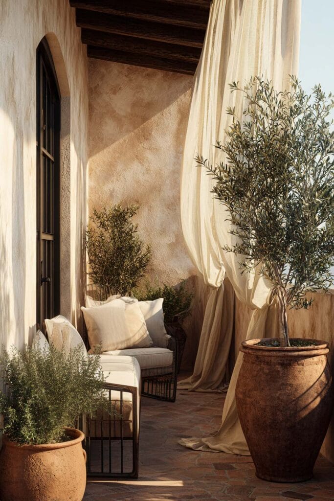 Mediterranean balcony with flowing linen curtains, olive tree, terracotta pots, neutral outdoor seating, warm stucco walls, and soft natural textures.