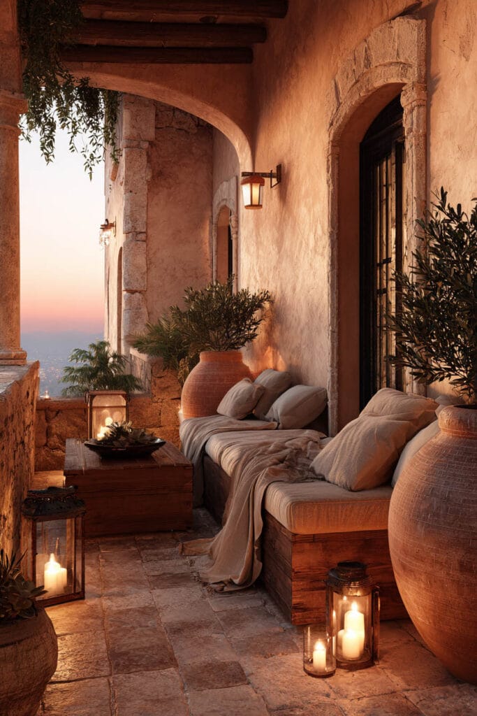 Mediterranean balcony at sunset with built-in bench seating, terracotta planters, lanterns, warm ambient lighting, stone flooring, and neutral outdoor decor.