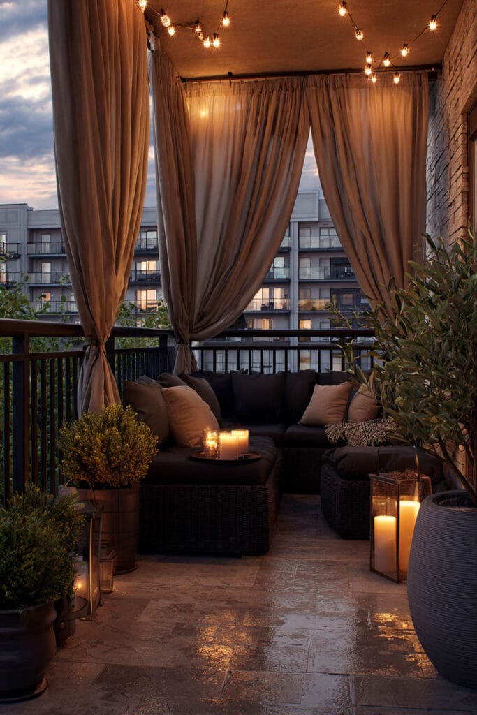 Moody balcony with outdoor curtains, string lights, candle lanterns, cozy sectional seating, potted plants, and warm evening ambiance.