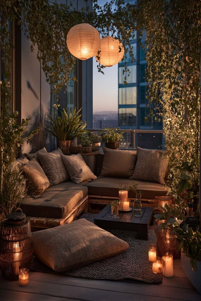 Moody boho balcony with paper lanterns, layered cushions, lush greenery, candlelight, and cozy outdoor lounge seating.