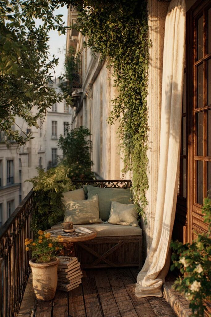 French balcony with linen curtains, weathered wood flooring, stacked books, greenery, cozy seating, and timeless Parisian-inspired decor.