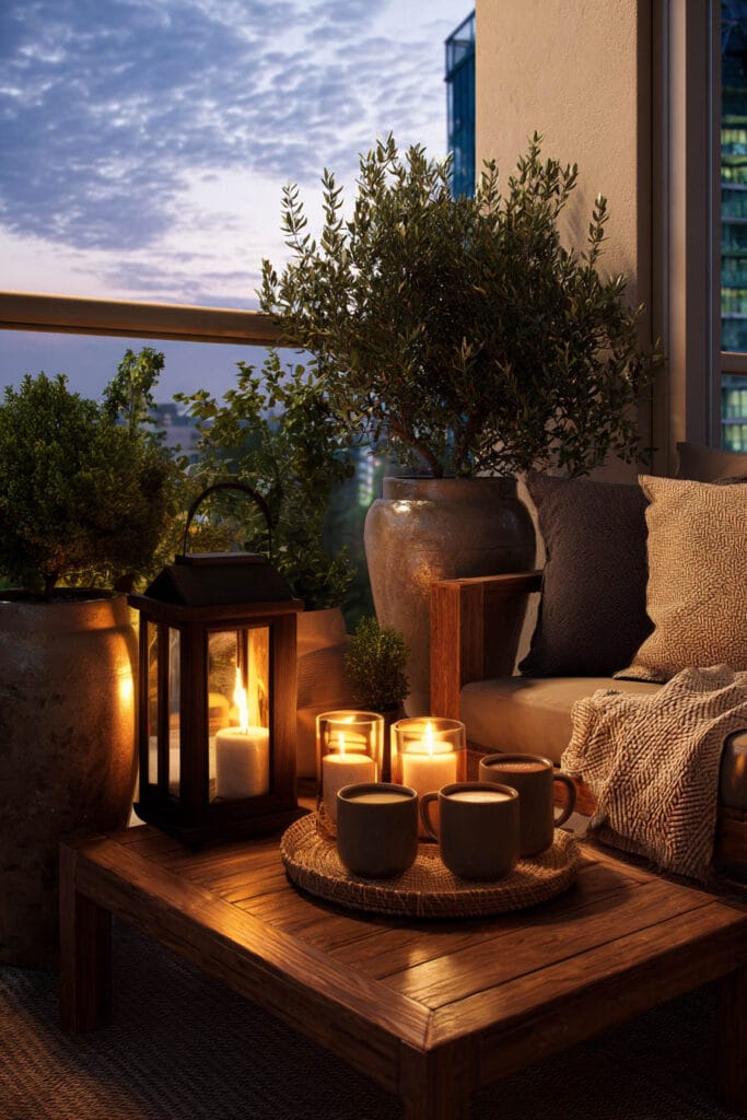 Cozy balcony tea station with lantern candlelight, coffee mugs, outdoor seating, greenery, and warm evening ambiance.