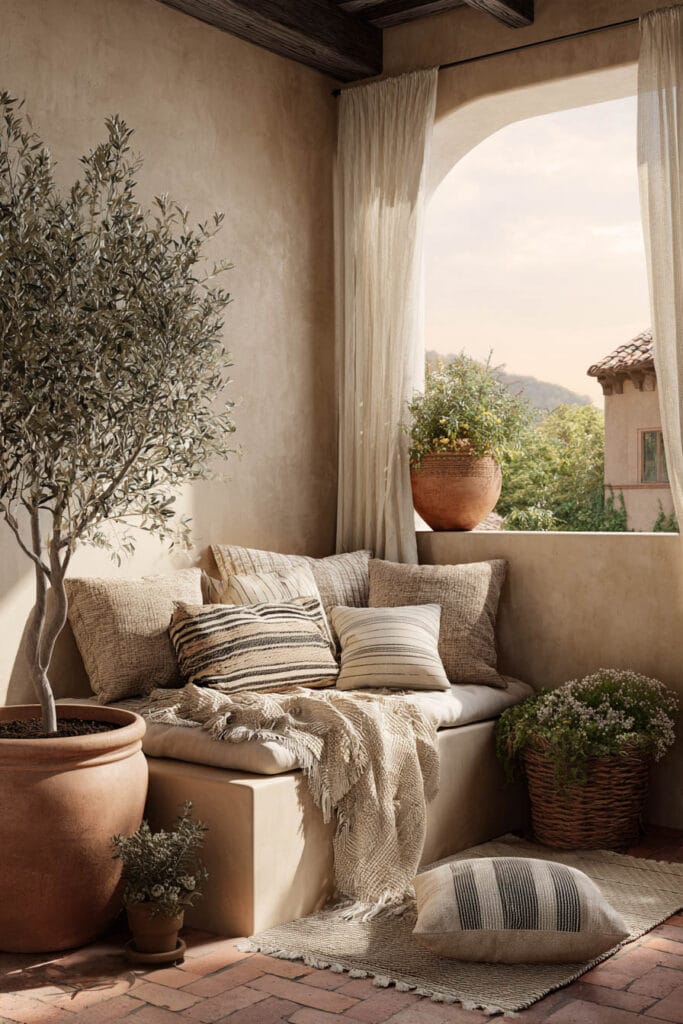 Mediterranean balcony with linen throw blankets, textured pillows, olive tree, terracotta planter, woven basket, and cozy outdoor seating.