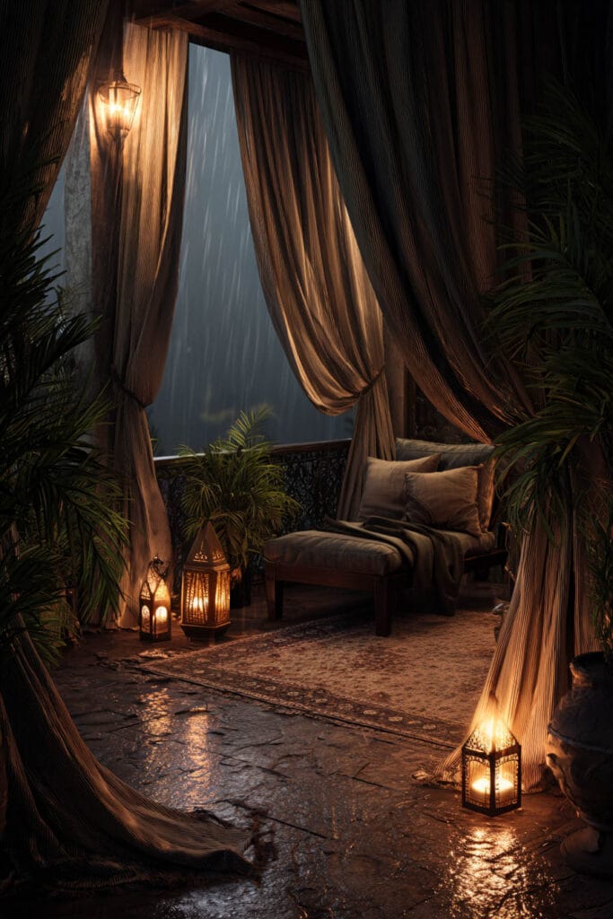 Moody balcony with soft outdoor curtains, lantern lighting, rainy evening atmosphere, cozy lounge chair, and warm candlelight.
