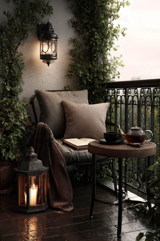 Moody balcony tea station with lantern lighting, cozy chair, teapot, small table, climbing greenery, and rainy outdoor ambiance.