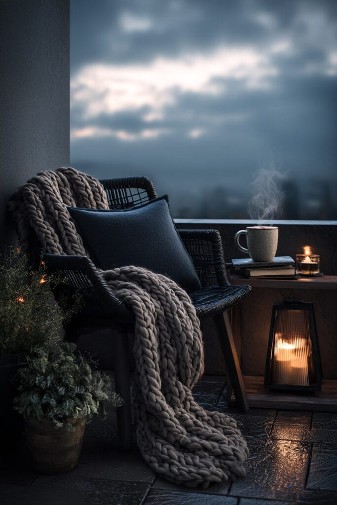 Cozy balcony with chunky knit blanket, lantern lighting, steaming mug, outdoor chair, and moody cloudy sky.
