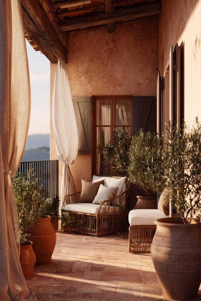 Mediterranean balcony with flowing linen curtains, olive trees, woven seating, terracotta pots, warm stucco walls, and cozy outdoor lounge area.