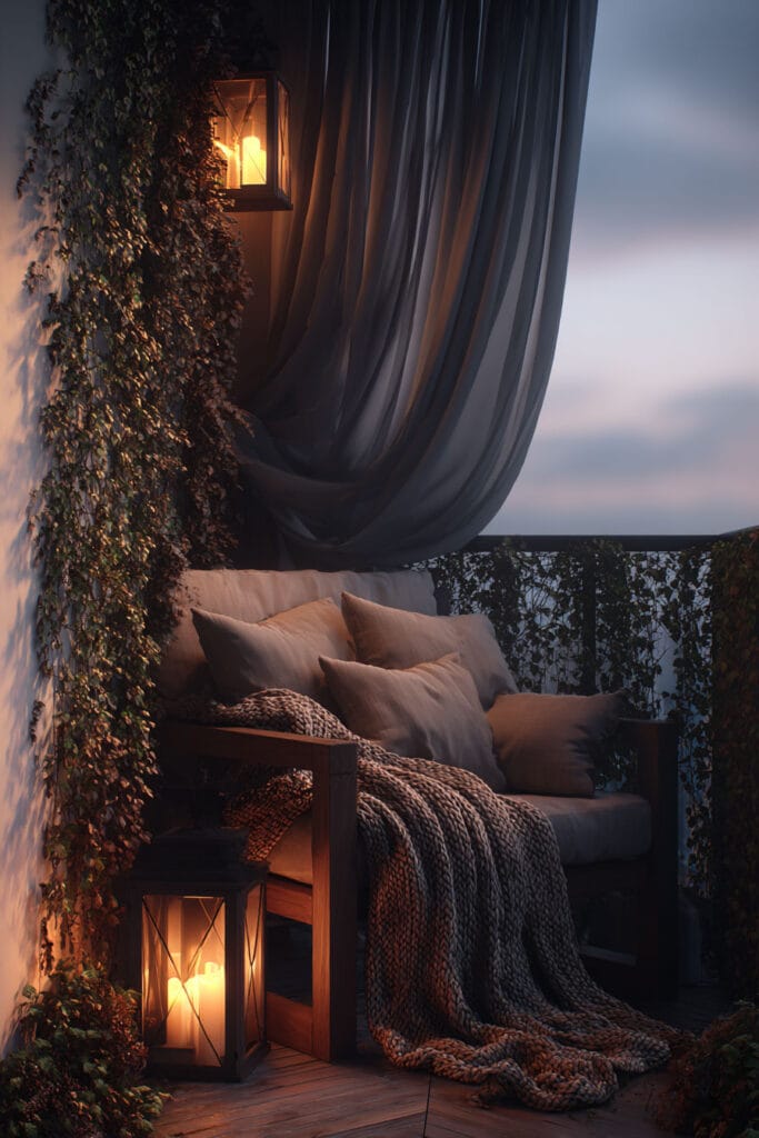 Moody balcony seating nook with soft outdoor curtains, lantern lighting, neutral cushions, climbing vines, and cozy knit throw.