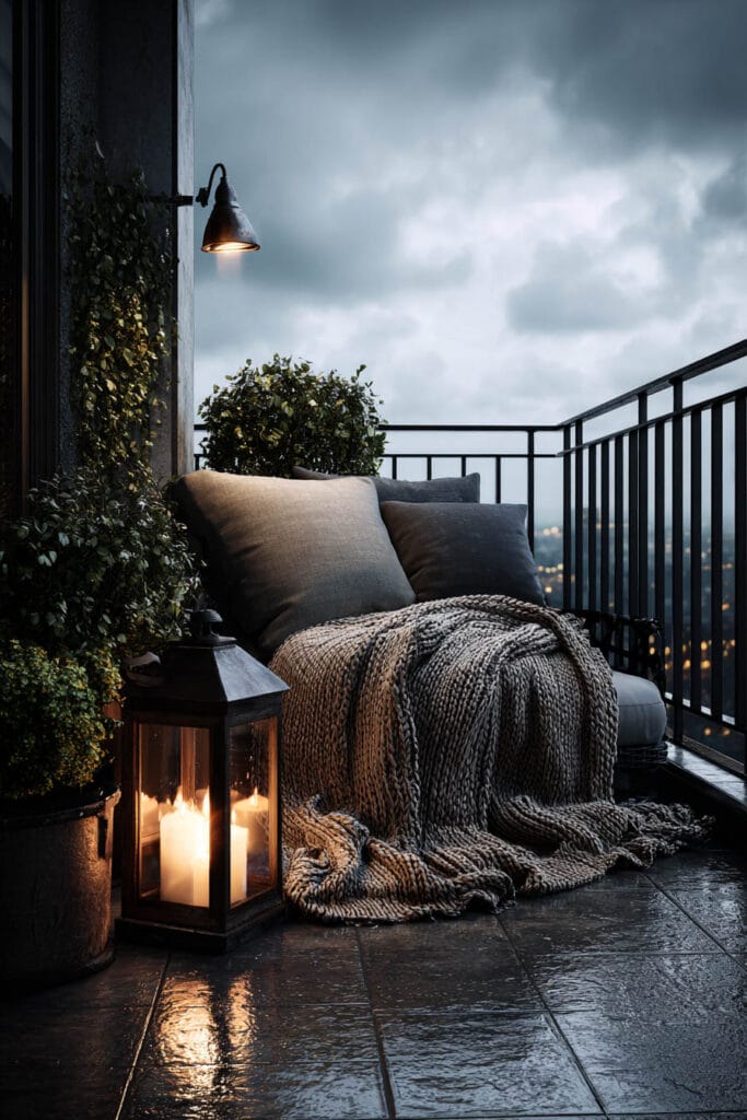 Moody rainy balcony with lantern candles, oversized cushions, chunky knit blanket, climbing greenery, and stormy sky views.