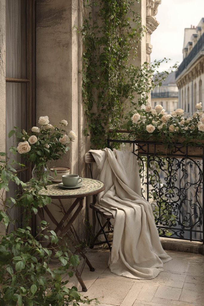 French balcony with white roses, folding café chair, linen throw, wrought iron railing, climbing vines, and timeless Parisian decor.