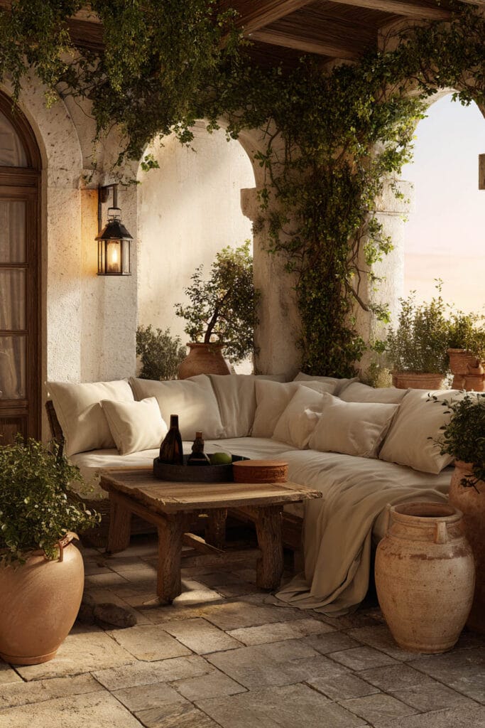 Mediterranean balcony with linen cushions, draped textiles, climbing vines, terracotta pots, rustic wood coffee table, and cozy outdoor lounge seating.