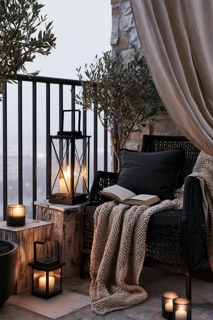 Moody balcony nighttime retreat with wicker chair, chunky knit blanket, candle lanterns, reading book, outdoor curtains, and warm ambient lighting.