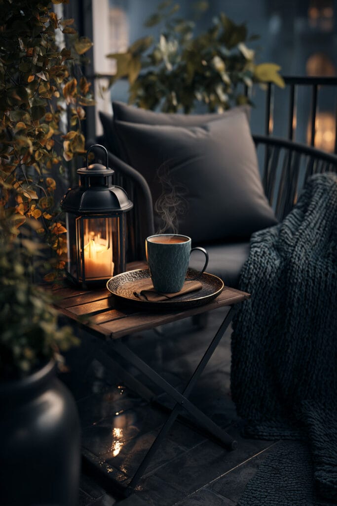 Moody balcony tea station with steaming mug, lantern candle, cozy blanket, outdoor chair, and warm evening lighting.