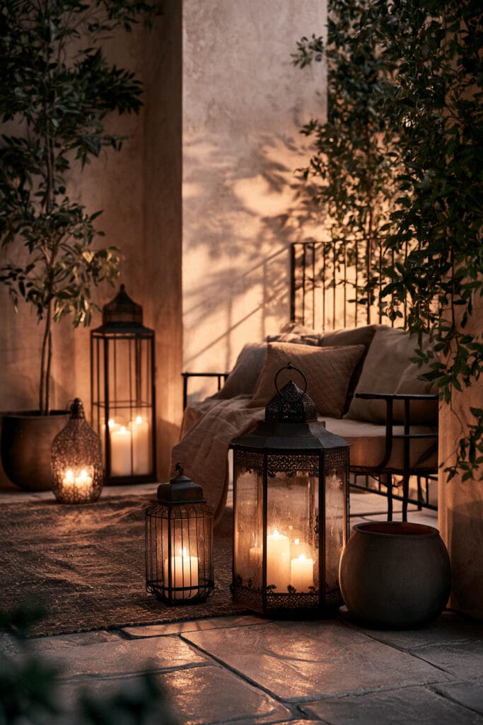 Moody balcony with candle lanterns, cozy seating, warm ambient lighting, greenery, and inviting nighttime atmosphere.
