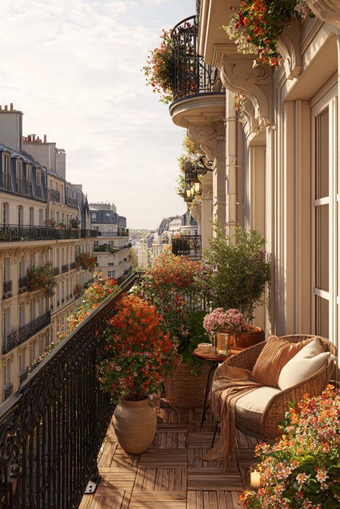 French balcony with colorful flower boxes, woven chair, wrought iron railing, Parisian city views, terracotta planters, and elegant outdoor decor.