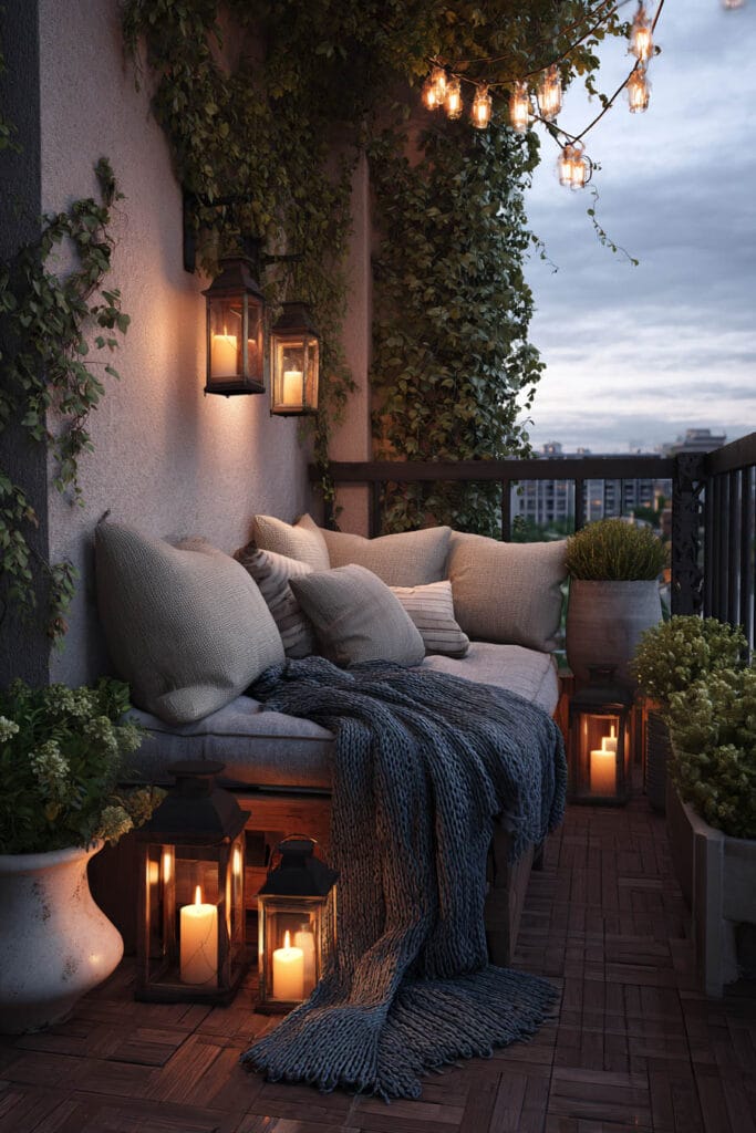 Cozy balcony with lantern lighting, candle lanterns, string lights, climbing vines, neutral outdoor seating, and warm evening ambiance.