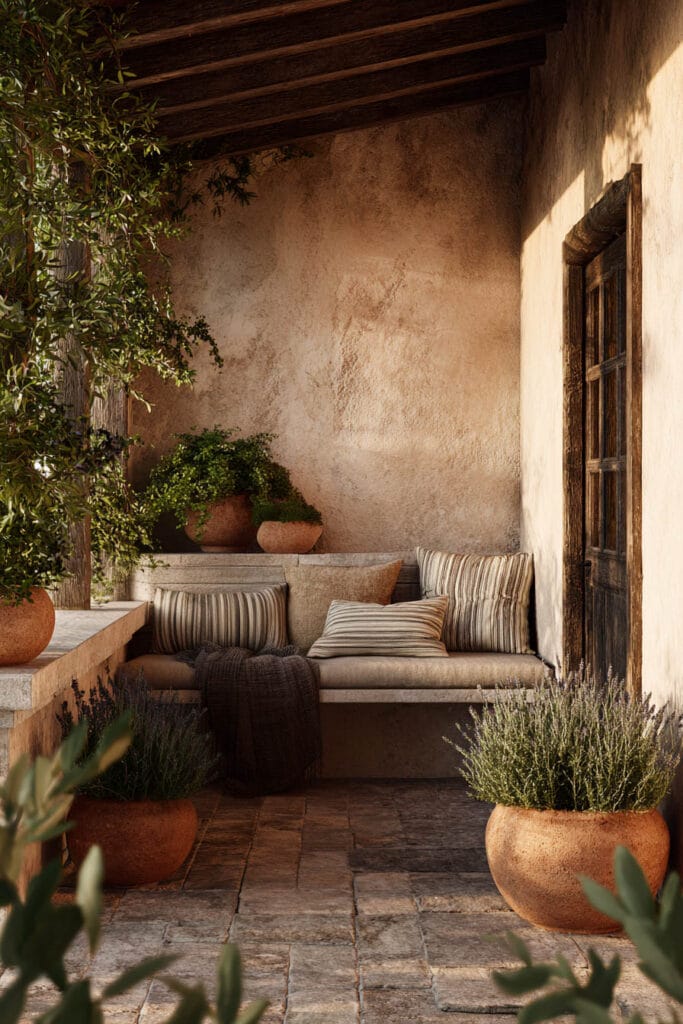 Mediterranean balcony with terracotta planters, lavender plants, striped cushions, rustic stucco walls, stone flooring, and cozy built-in seating.