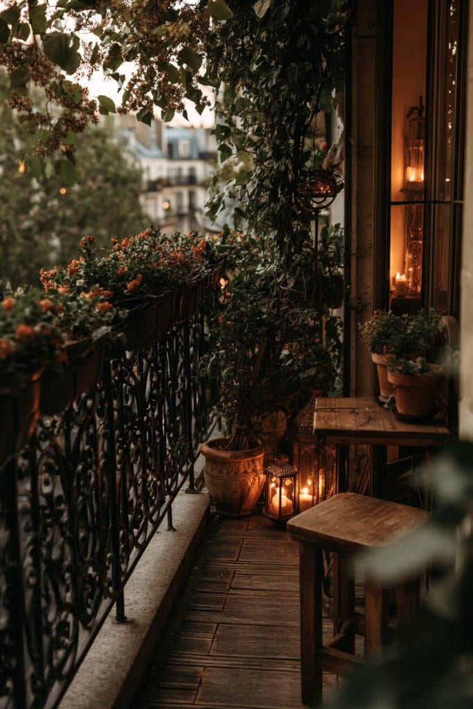French balcony with ornate wrought iron railing, climbing vines, lantern candlelight, potted plants, and cozy Parisian evening decor.
