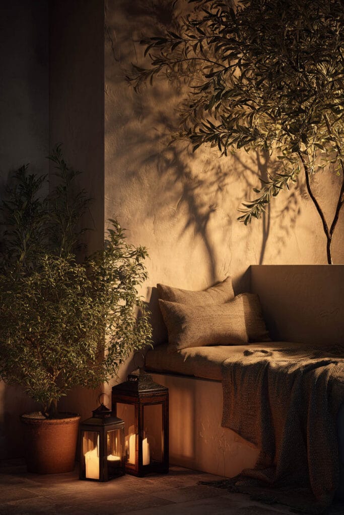 Cozy balcony with lantern candles, olive trees, warm lighting, and neutral outdoor seating creating a relaxing evening retreat.