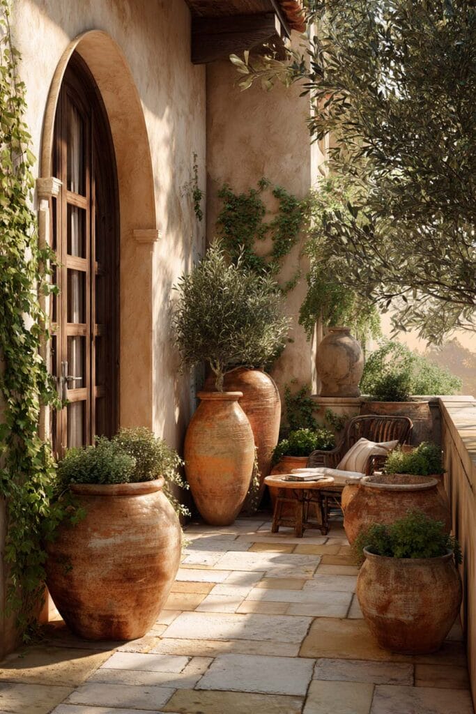 Mediterranean balcony with oversized terracotta pots, olive trees, climbing vines, warm stone flooring, and cozy outdoor seating.