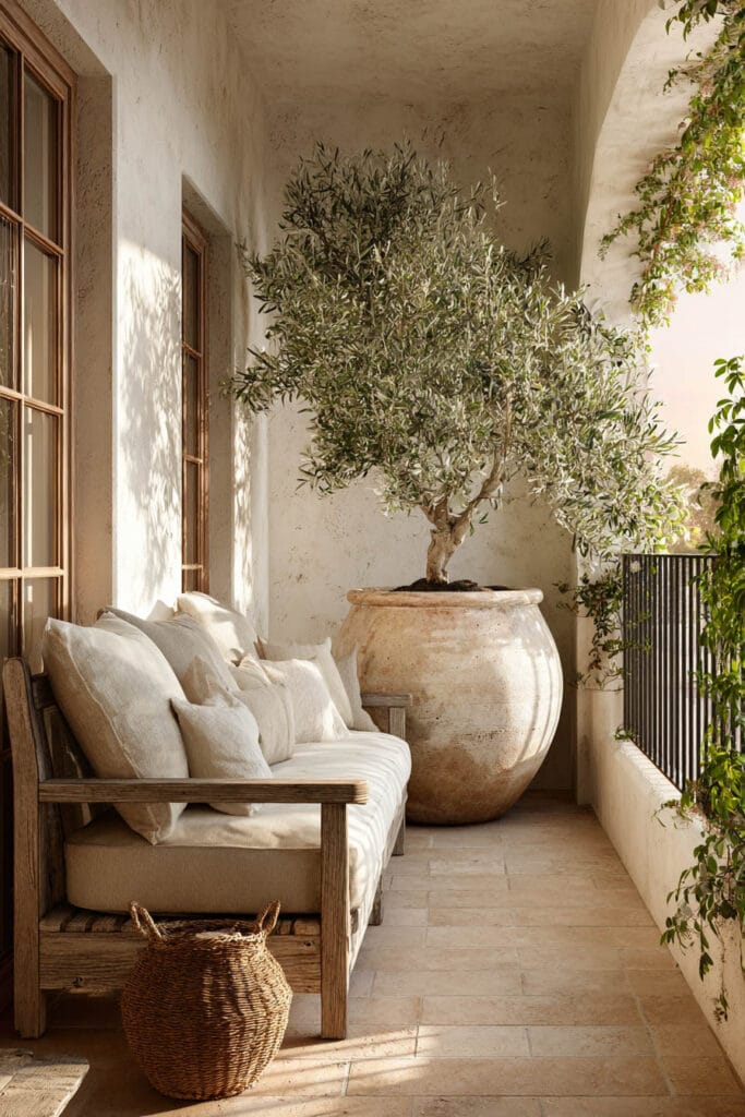 Mediterranean balcony with large olive tree in oversized clay pot, rustic wood sofa, linen cushions, climbing vines, and warm neutral outdoor decor.