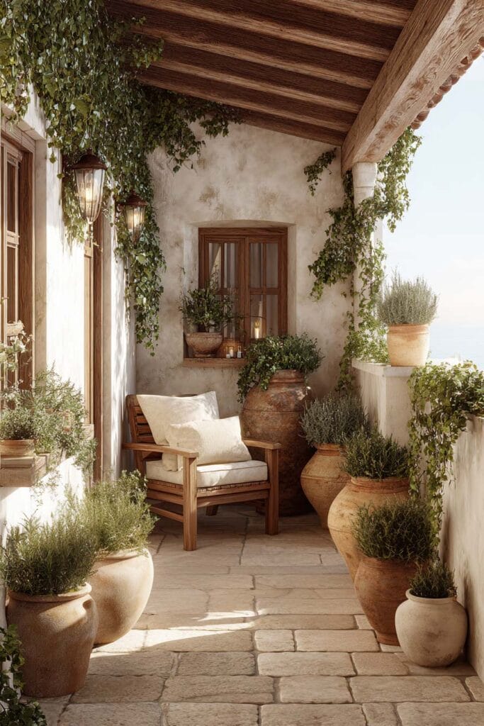 Mediterranean balcony with layered terracotta pots, trailing vines, rustic wooden chair, stone flooring, and neutral outdoor decor in a cozy seating area.
