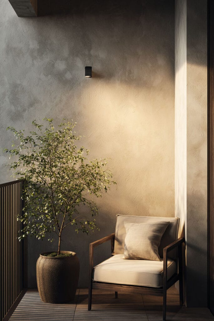 Minimalist modern balcony with wall sconce lighting, neutral outdoor chair, textured wall, and potted tree creating an elegant luxury outdoor space.