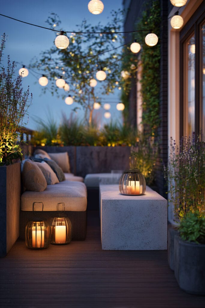 Modern balcony with layered lantern lighting, globe string lights, candle lanterns, greenery, and cozy outdoor seating at dusk.