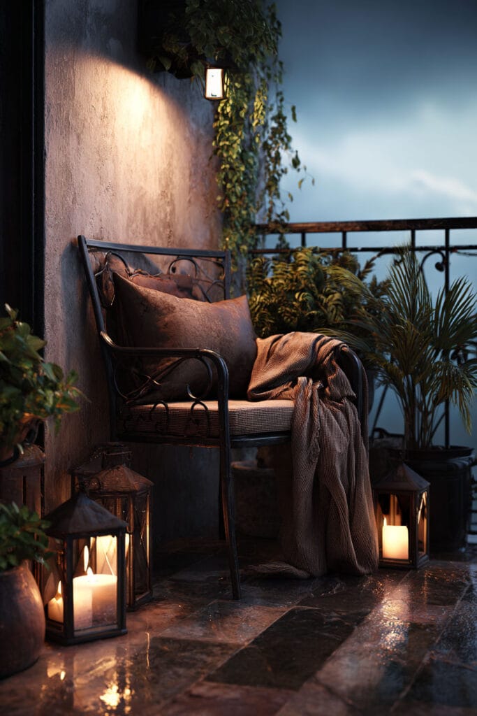 Moody balcony with wrought iron chair, candle lanterns, cozy throw blanket, potted plants, and warm lighting on a rainy evening.