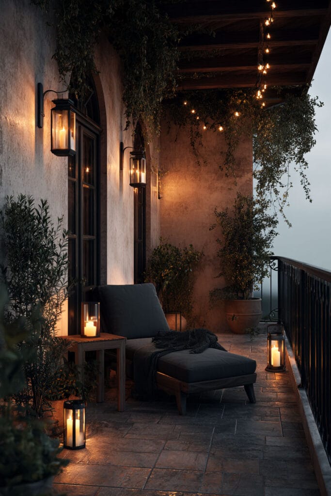 Narrow balcony with lanterns, string lights, cozy lounge chair, candlelight, and climbing greenery creating a moody evening glow.