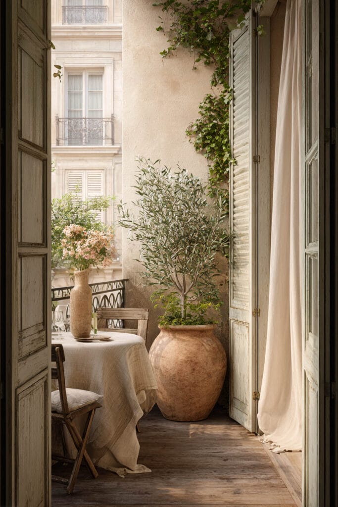 Paris balcony with linen-covered dining table, terracotta planter, olive tree, and hidden café style decor