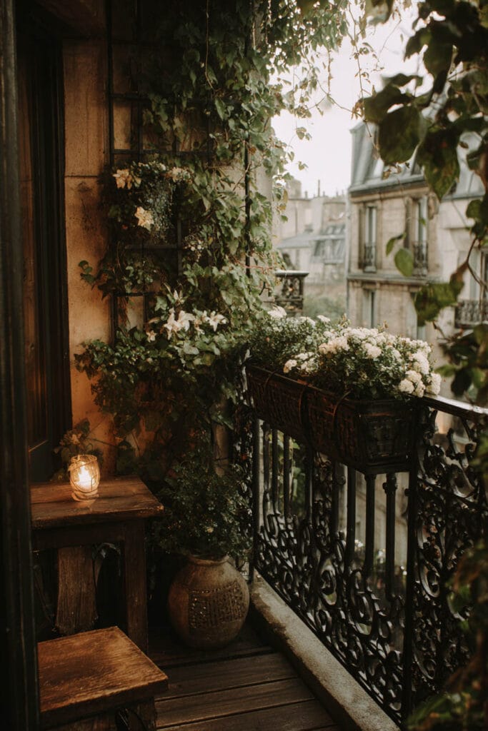 Paris balcony with ornate wrought iron railing, climbing ivy, flower boxes, rustic wood seating, and warm lantern lighting