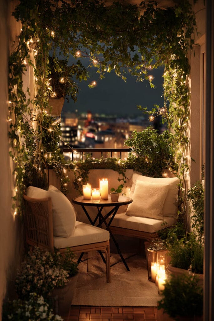 Small romantic balcony with cozy seating area, candles, string lights, climbing vines, and intimate evening atmosphere.