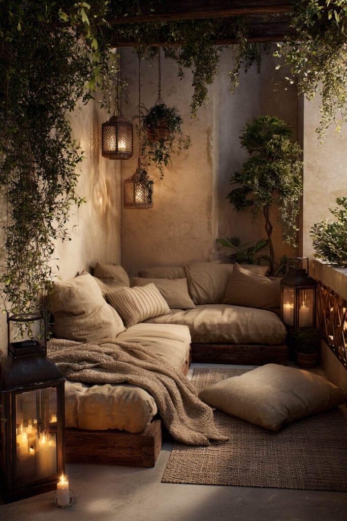 Romantic balcony lounge with floor seating, neutral cushions, hanging lanterns, candlelight, and cascading greenery creating a cozy outdoor retreat.