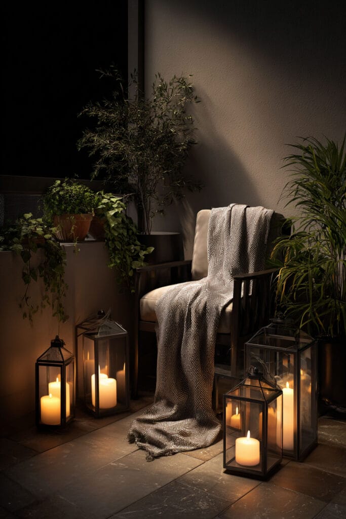 Small balcony seating area with lantern candles, cozy armchair, soft throw blanket, and potted plants creating warm ambient lighting at night