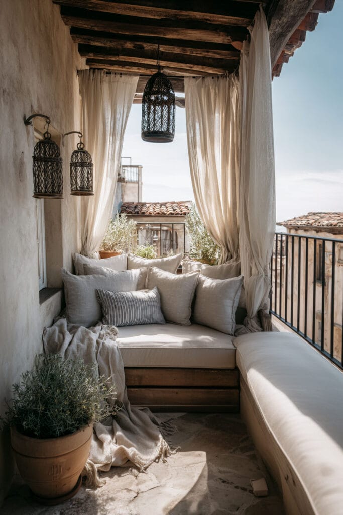 Mediterranean balcony with linen curtains, oversized cushions, woven lanterns, terracotta planter, soft textiles, and cozy outdoor seating nook.