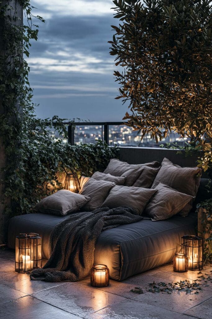 Moody balcony nighttime retreat with floor lounge seating, layered pillows, candle lanterns, cozy knit blanket, and surrounding greenery.