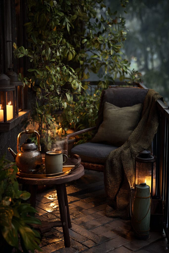 Moody balcony tea station with steaming mug, vintage kettle, lantern candles, cozy chair, lush greenery, and rainy evening atmosphere.