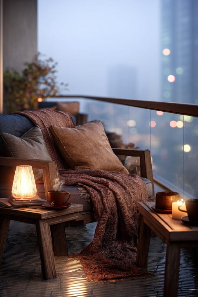 Cozy balcony with warm lamp, steaming tea, soft blankets, candlelight, rainy city view, and moody evening atmosphere.