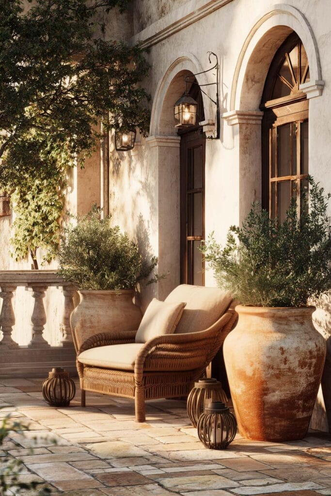 Mediterranean balcony with oversized terracotta pots, wicker chair, decorative lanterns, olive trees, stone flooring, and rustic outdoor accessories.