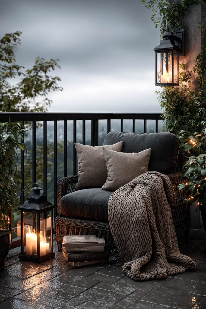 Cozy rainy balcony with wicker lounge chair, knit blanket, lantern candles, greenery, and moody evening lighting.