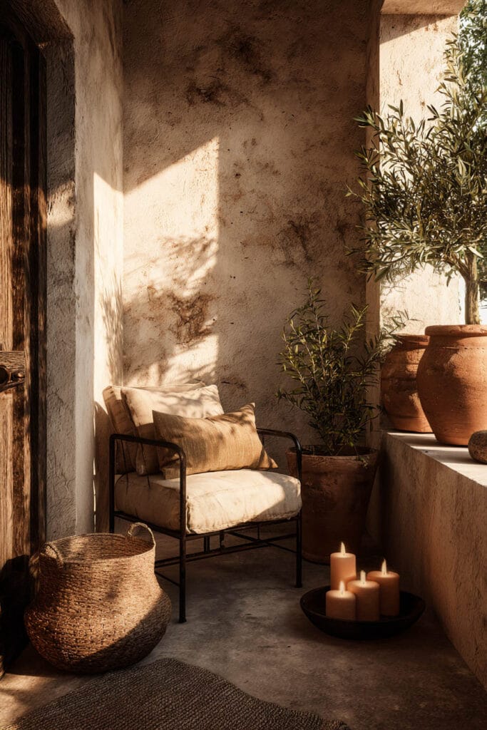 editerranean balcony corner with terracotta pots, woven basket, candle decor, olive tree, neutral lounge chair, and rustic outdoor accessories.